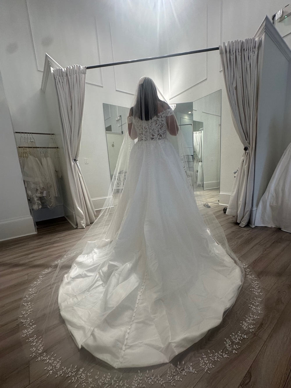 Elegant Ivory Lace-Back Bridal Gown with Long Train-Cathedral